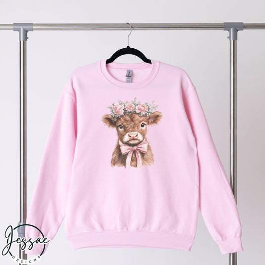 Baby Highland Cow Sweatshirt | Floral Crown Hoodie with Pink Bow | Cute Coquette Unisex T-Shirt | Gift for Her | Valentines Day