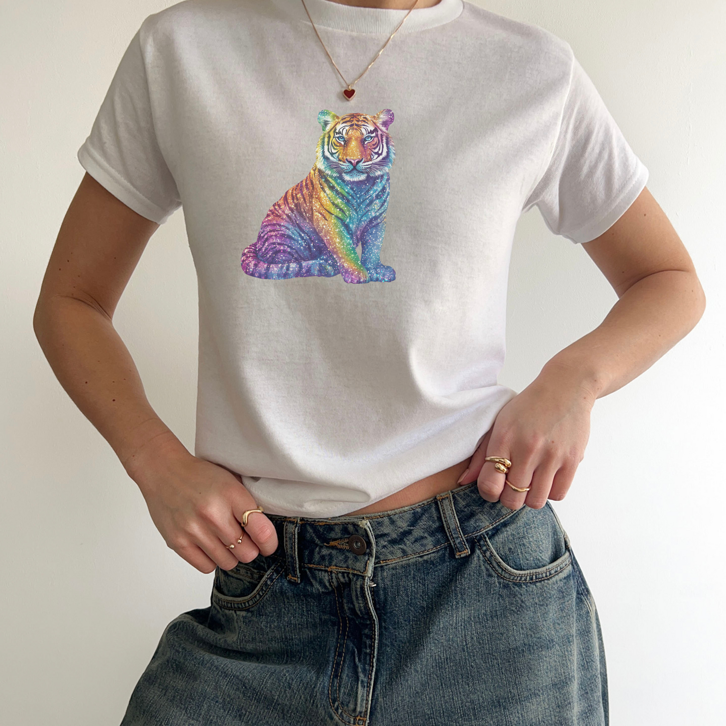 Rainbow Glitter Tiger Y2K Baby Tee Colourful Animal Graphic Youth Womens Retro Nostalgic Baby T-Shirt | Crop Top | Animal Tee