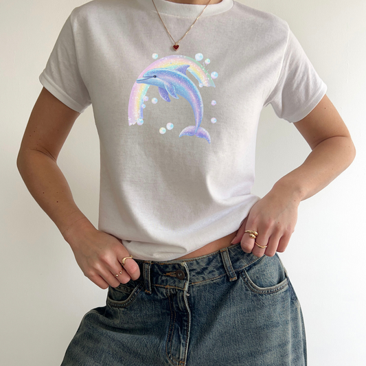 Y2K Glitter Dolphin Baby Tee | Youth and Womens Pastel Rainbow & Bubbles | Retro 2000s Aesthetic T-Shirt | Crop Top