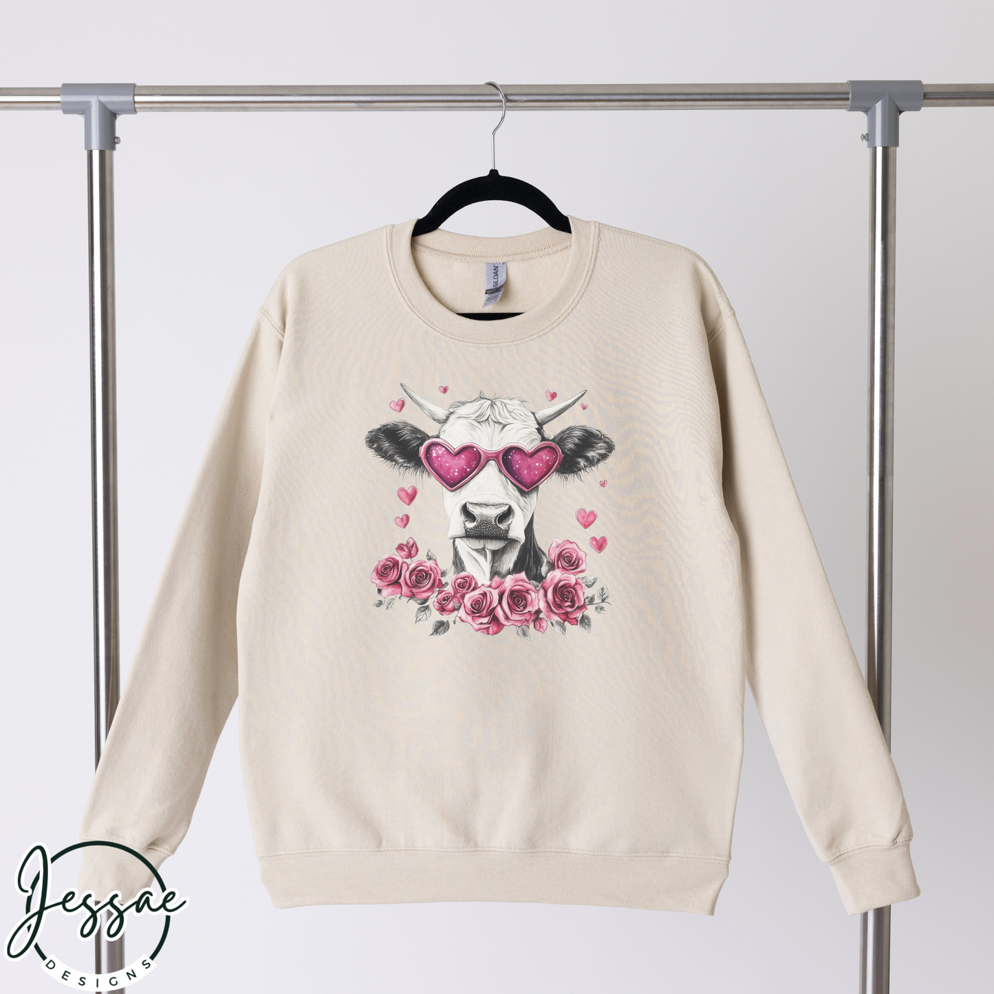 Pink Cow Sweatshirt with Hearts & Sunglasses | Cute Coquette Floral Roses Unisex T-Shirt | Gift for Her | Valentines Day