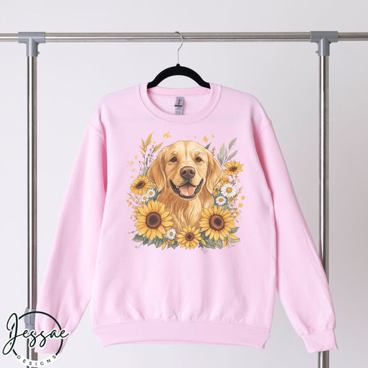 Sunflower Dog Graphic Hoodie | Golden Retriever with Floral Design | Cozy Sweatshirt for Dog Moms & Nature Enthusiasts