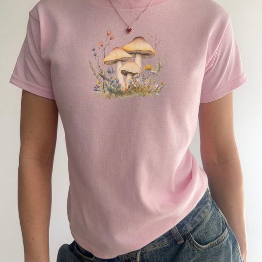 Vintage Mushroom Baby Tee | Y2K Wildflower Graphic Design | Retro 2000s Youth Baby T-Shirt | Women's Clothing