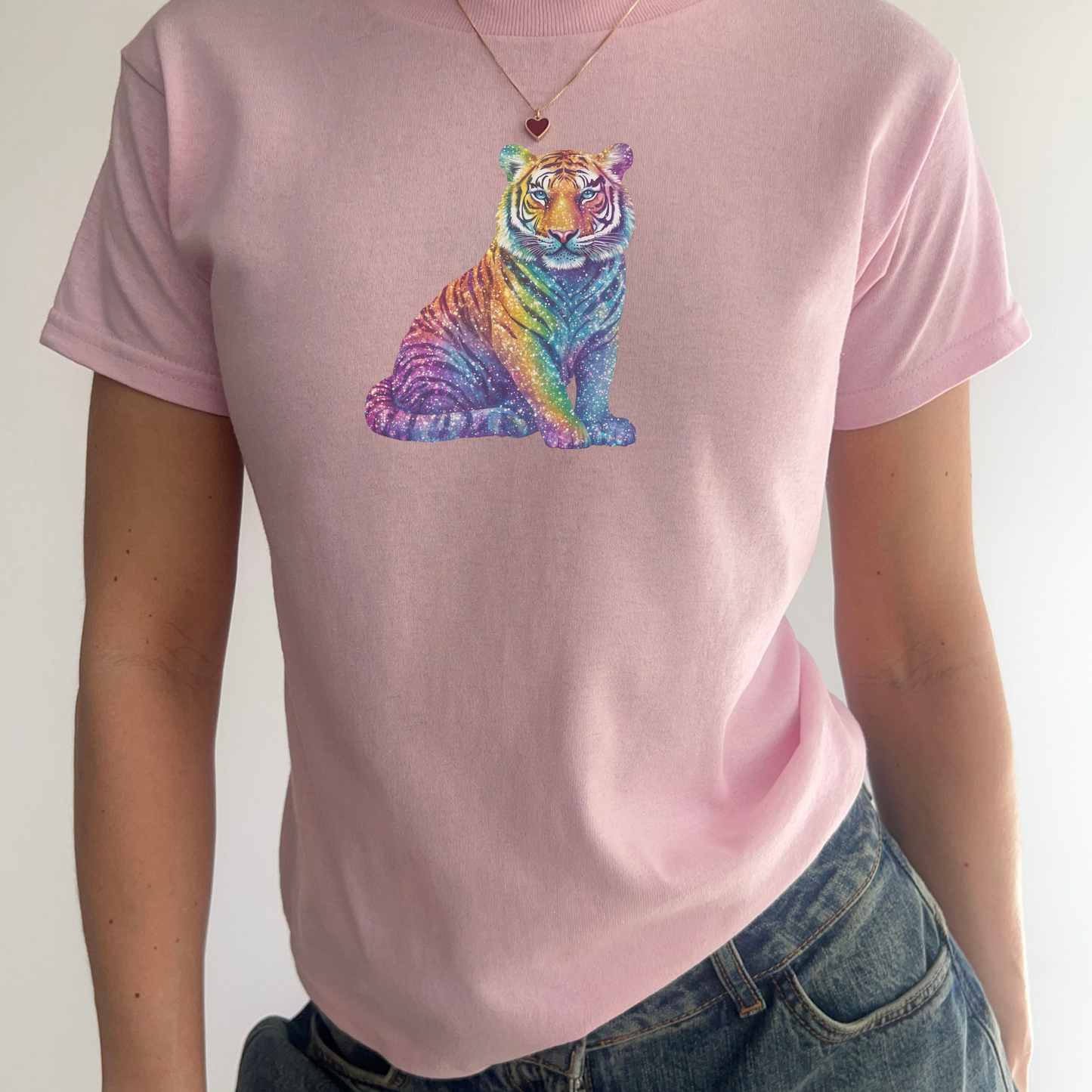 Rainbow Glitter Tiger Y2K Baby Tee Colourful Animal Graphic Youth Womens Retro Nostalgic Baby T-Shirt | Crop Top | Animal Tee