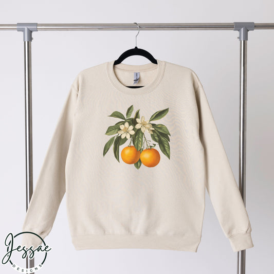 Oranges Botanical Sweatshirt | Flowering Fruit Tree Print with Blossoms | Cozy Graphic Hoodie for Nature | Cottagecore Lovers