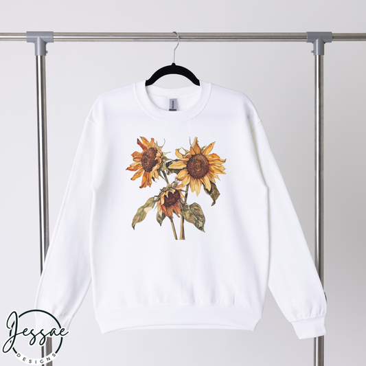 Vintage Sunflower Graphic Hoodie – Pressed Dried Sunflowers in Watercolor Style, Cozy Cottagecore Sweatshirt T-shirt