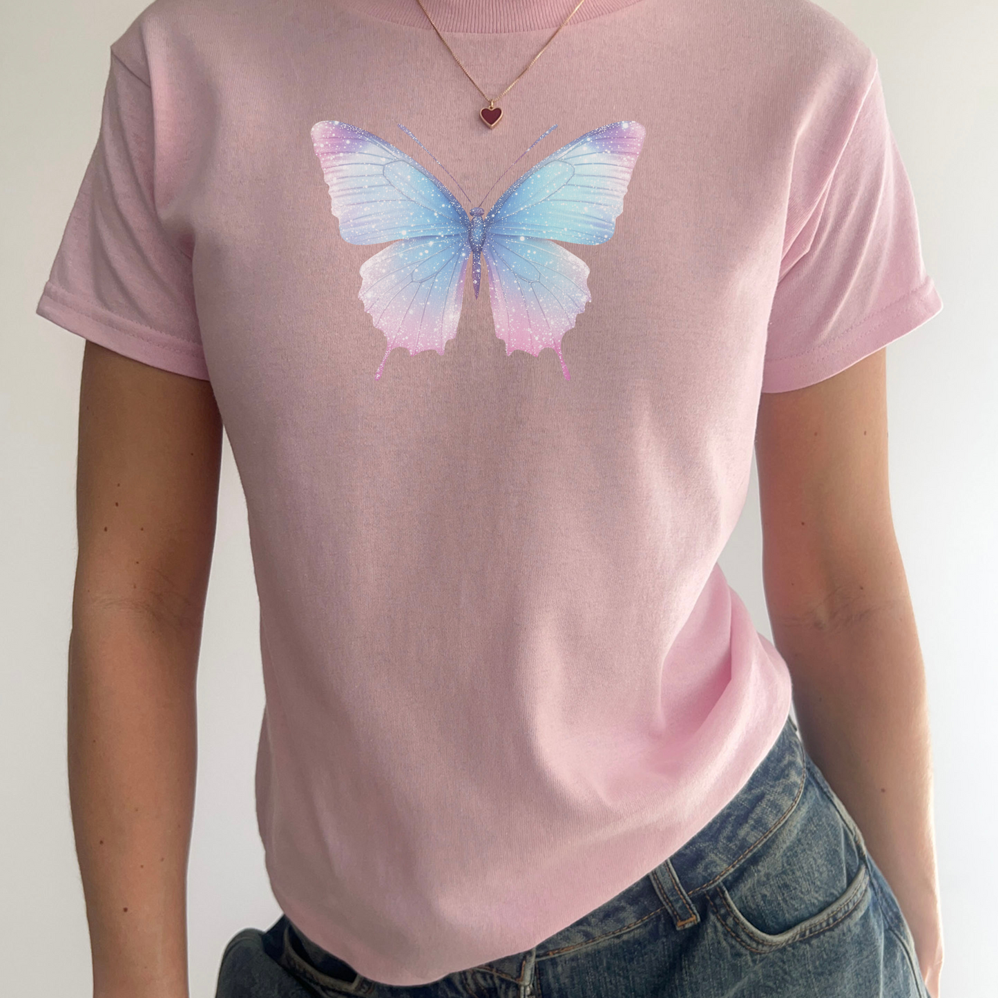 Y2K Butterfly Baby Tee | Youth and Womens Pastel | Retro 2000s Aesthetic Graphic T-Shirt | Crop Top | Ombre Pink Blue | Holographic