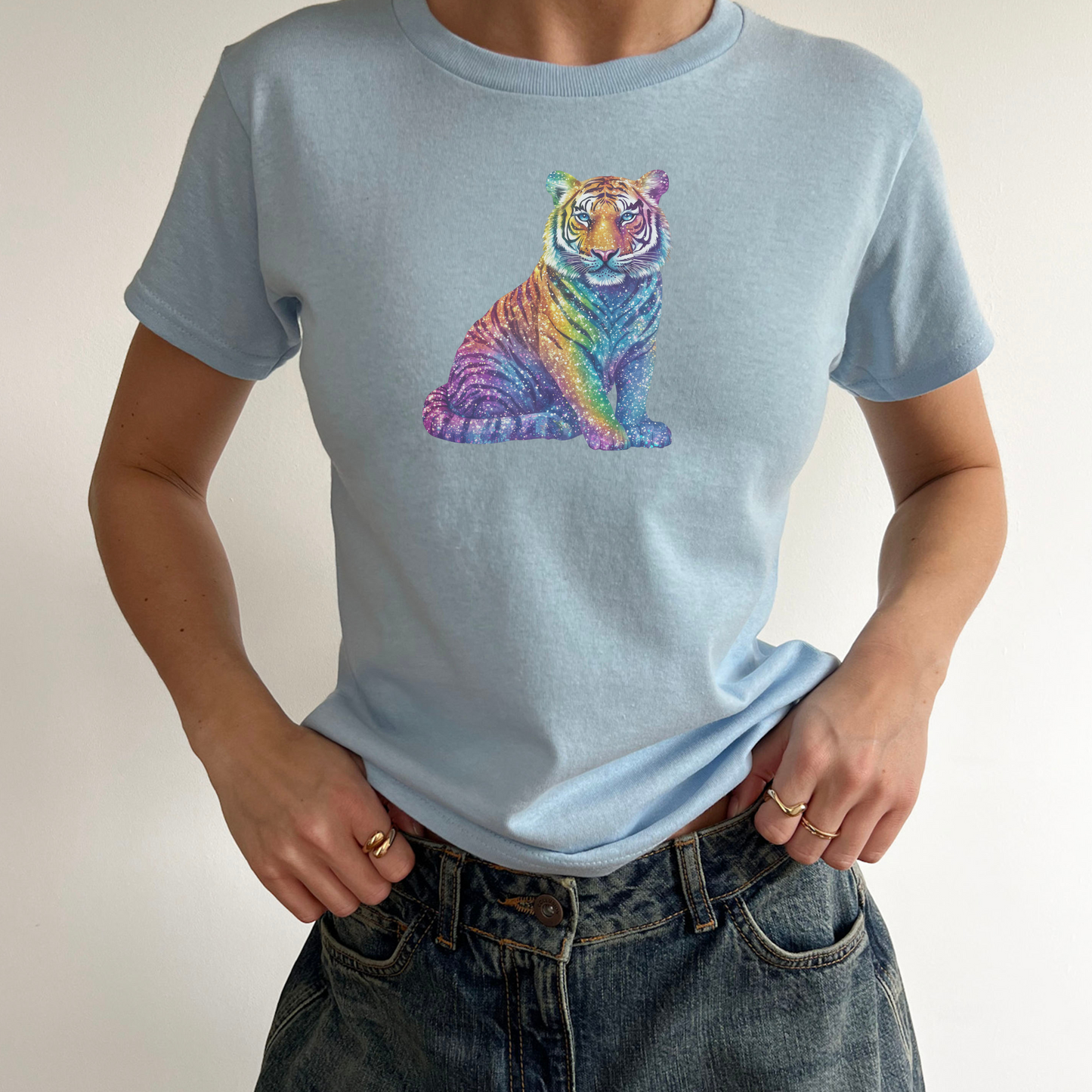 Rainbow Glitter Tiger Y2K Baby Tee Colourful Animal Graphic Youth Womens Retro Nostalgic Baby T-Shirt | Crop Top | Animal Tee