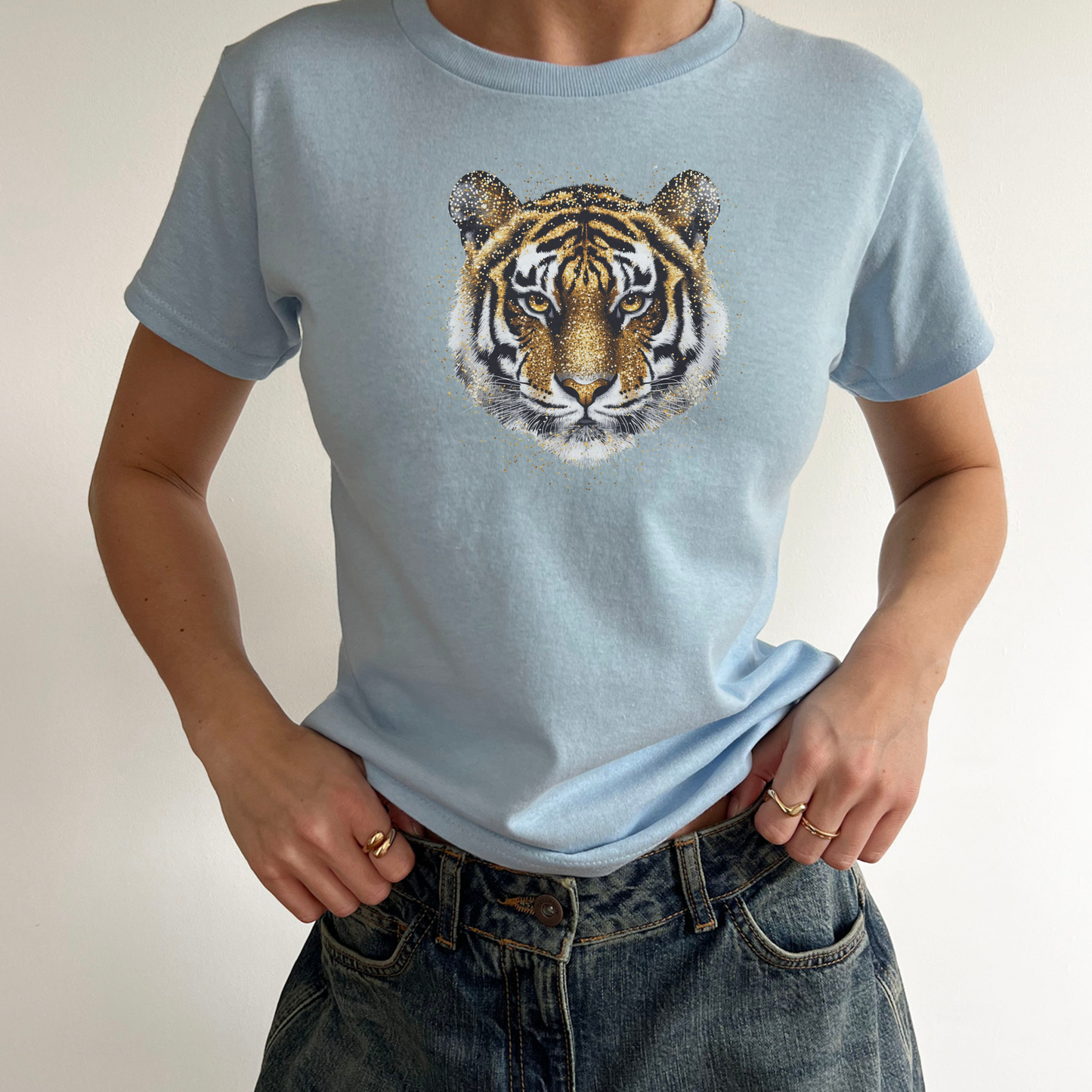 Y2K Glitter Tiger Baby Tee | Youth and Womens Gold Graphic Design | Retro 2000s Aesthetic T-Shirt | Crop Top | Animal Tee