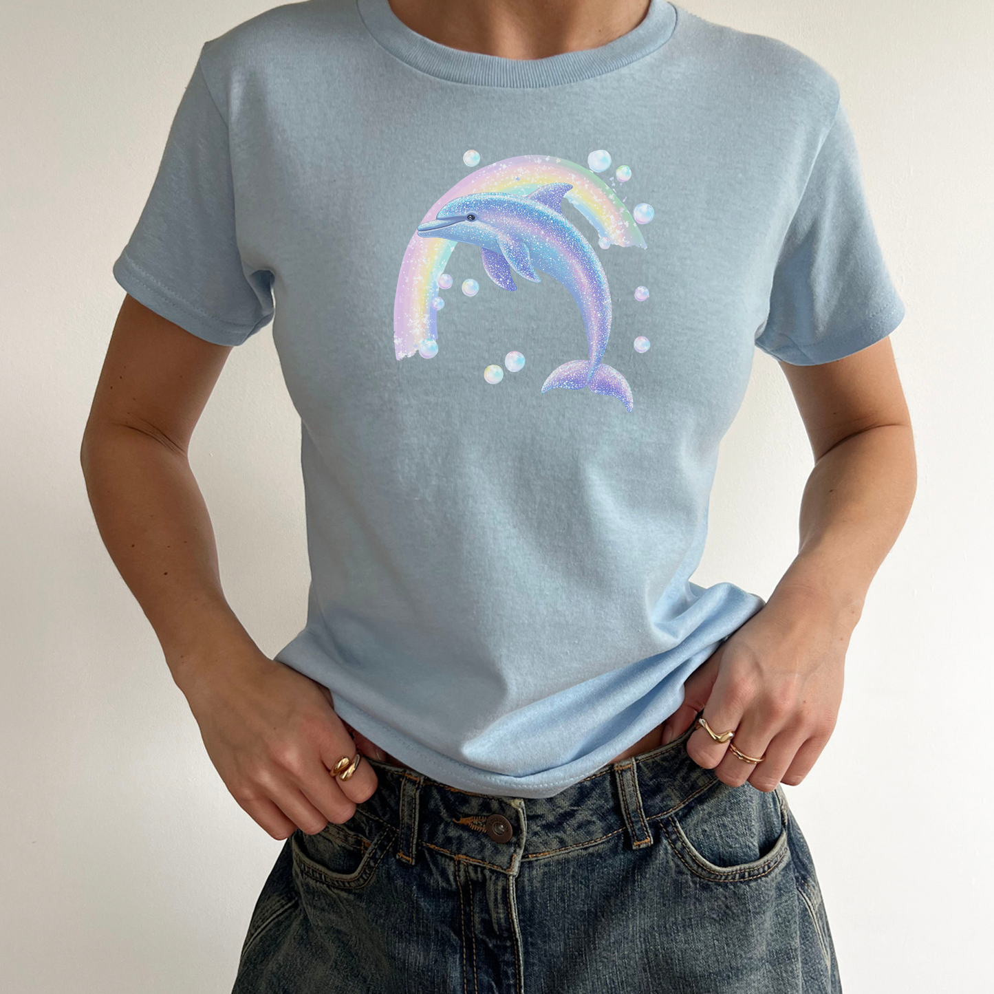 Y2K Glitter Dolphin Baby Tee | Youth and Womens Pastel Rainbow & Bubbles | Retro 2000s Aesthetic T-Shirt | Crop Top