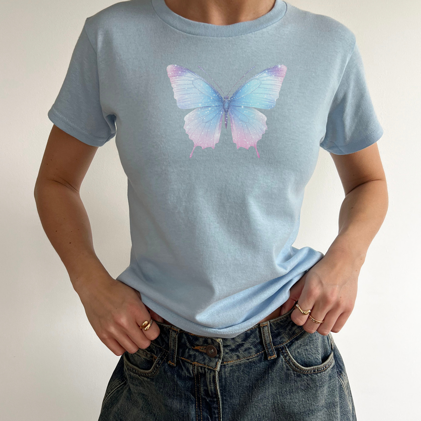 Y2K Butterfly Baby Tee | Youth and Womens Pastel | Retro 2000s Aesthetic Graphic T-Shirt | Crop Top | Ombre Pink Blue | Holographic