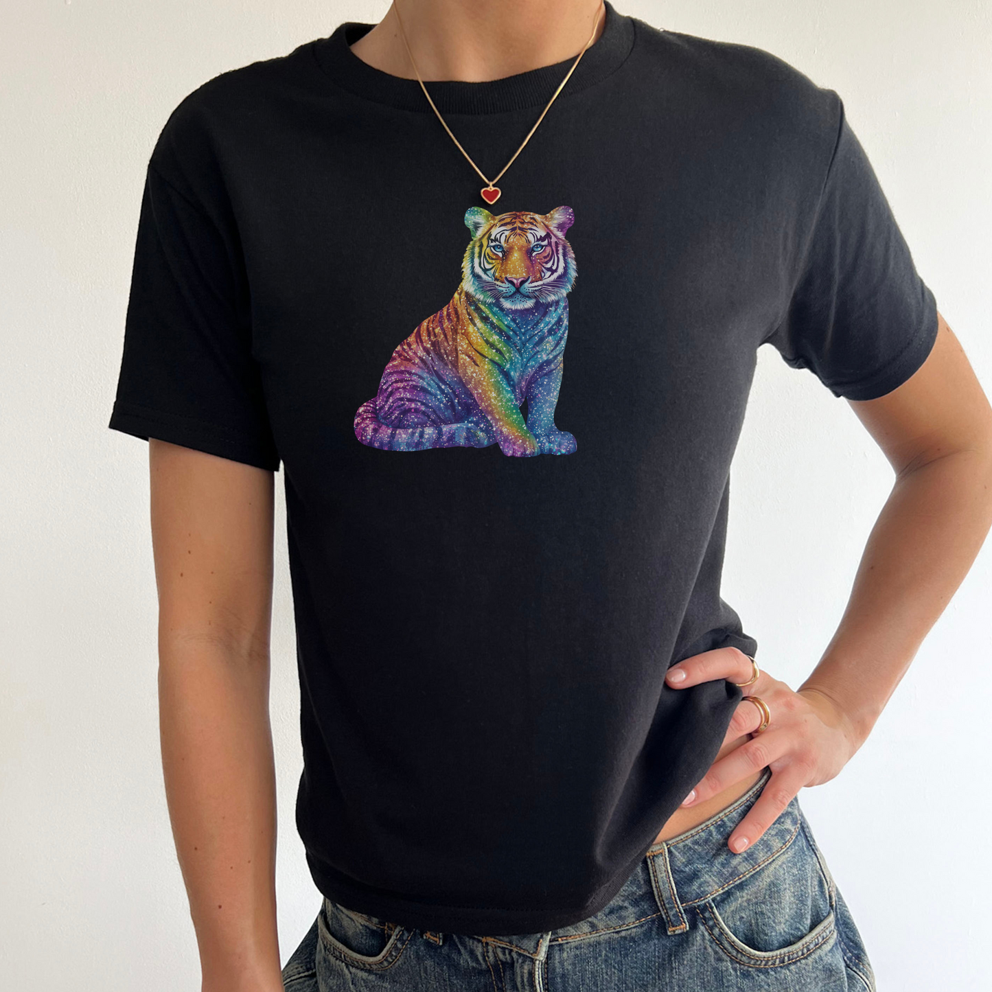 Rainbow Glitter Tiger Y2K Baby Tee Colourful Animal Graphic Youth Womens Retro Nostalgic Baby T-Shirt | Crop Top | Animal Tee